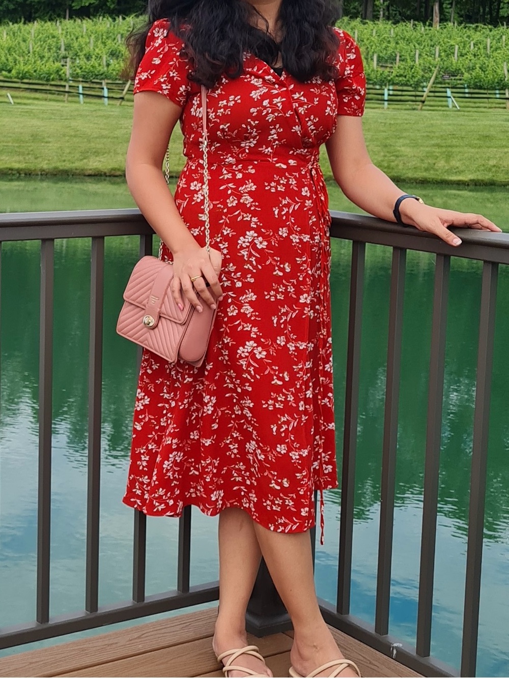 Red Floral Wrap Midi Dress with White Blossoms